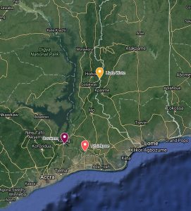 Our three target communities in Ghana: Atsiekpoe-Battor (red), Osuwem (purple) and Liate Wote (yellow).